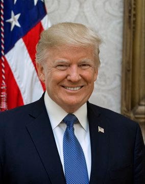 First image shows a man with blonde hair smiling while wearing a dark suit white shirt and blue tie standing in front of a US flag and ornate wall background. Second image displays multiple stacks of US hundred dollar bills featuring Benjamin Franklins portrait partially covered with white DEFAULT labels arranged on a US flag.