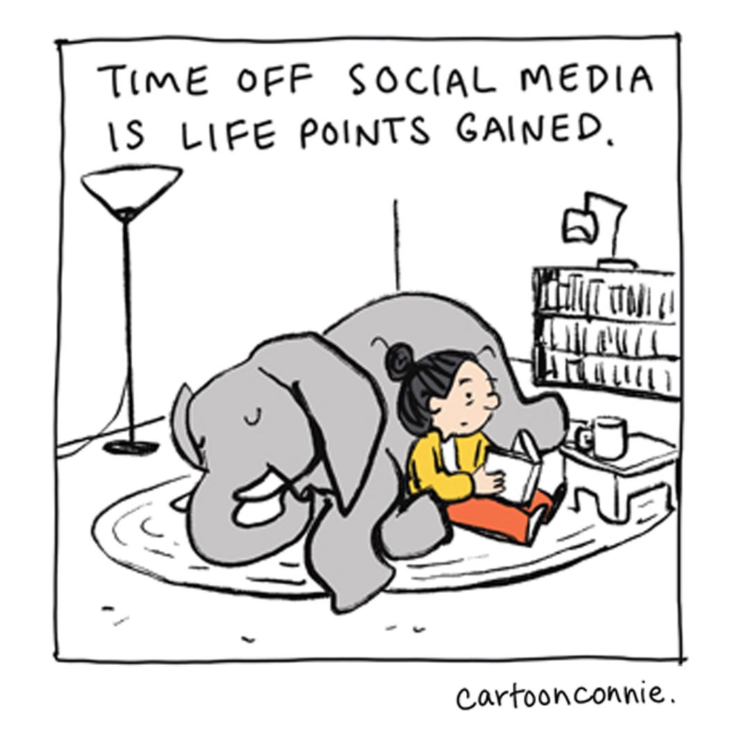 Excerpted panel from a comic strip illustrating a girl with a bun taking a break from social media and baking cookies for an elephant. Original art by Connie Sun, cartoonconnie, 2026.