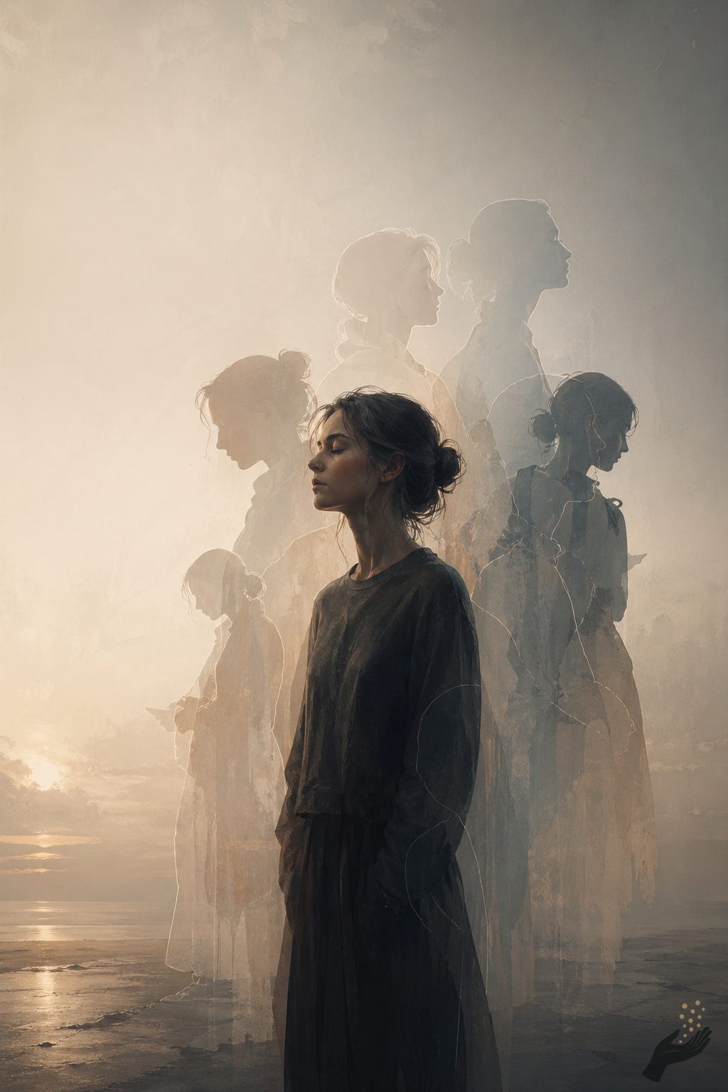 The body stands still while earlier selves, possible selves, and public selves gather like soft witnesses around it. Alt text: A solitary person stands with eyes closed, surrounded by translucent layered silhouettes of themselves in different poses, against a hazy, luminous background.
