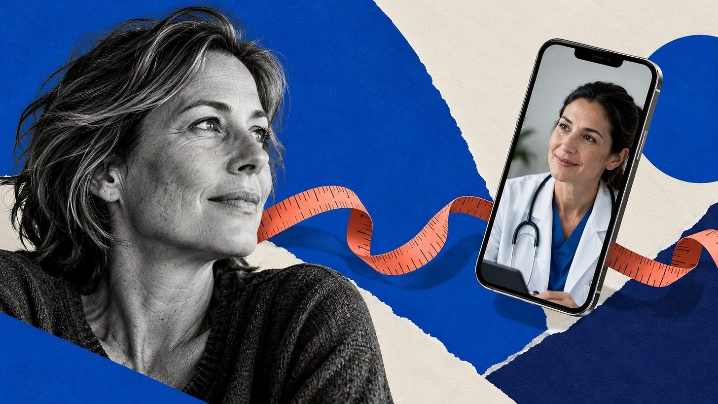 Woman connected by a tape measure to a physician on a phone screen Woman connected by a tape measure to a physician on a phone screen
