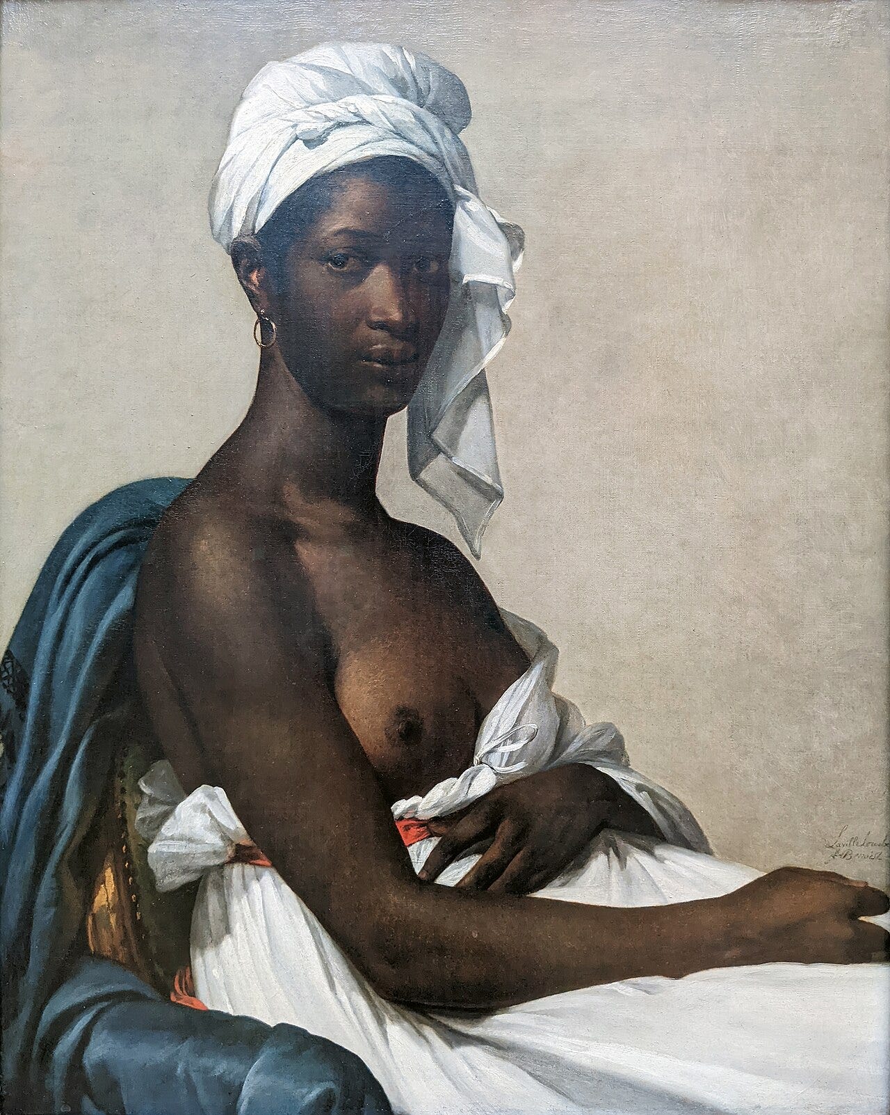 Seated Black woman in a white dress and headwrap Seated Black woman in a white dress and headwrap