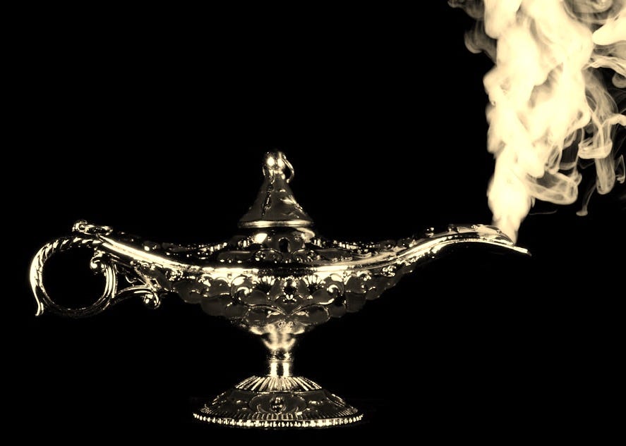 A red and gold teapot with smoke coming out of it