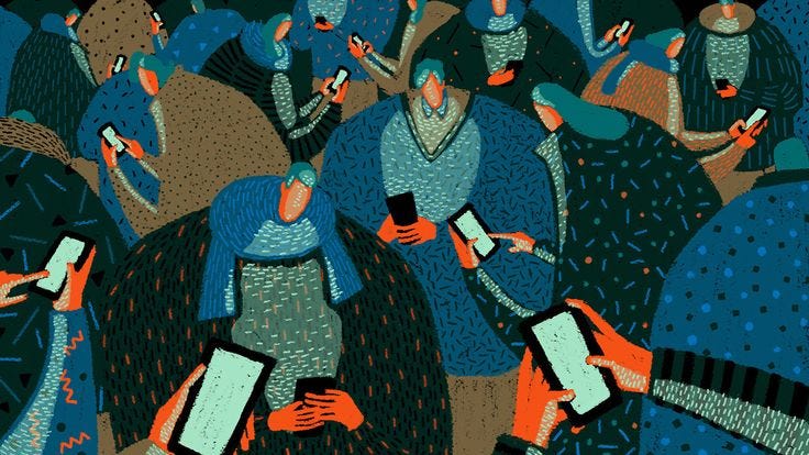 This may contain: an image of people using their cell phones in the crowd at night, illustration painting This may contain: an image of people using their cell phones in the crowd at night, illustration painting
