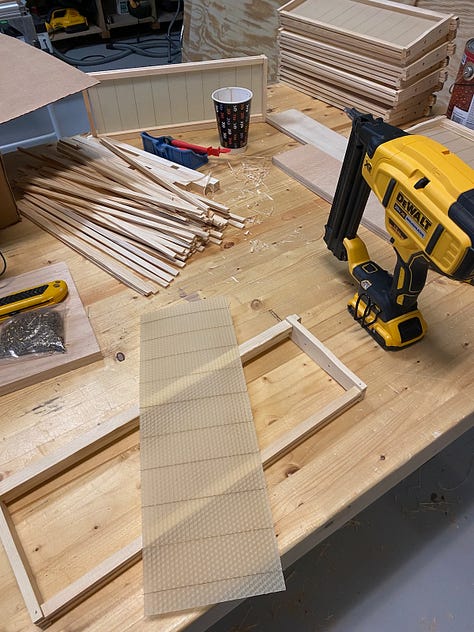 Beehive equipment, including hive frames.