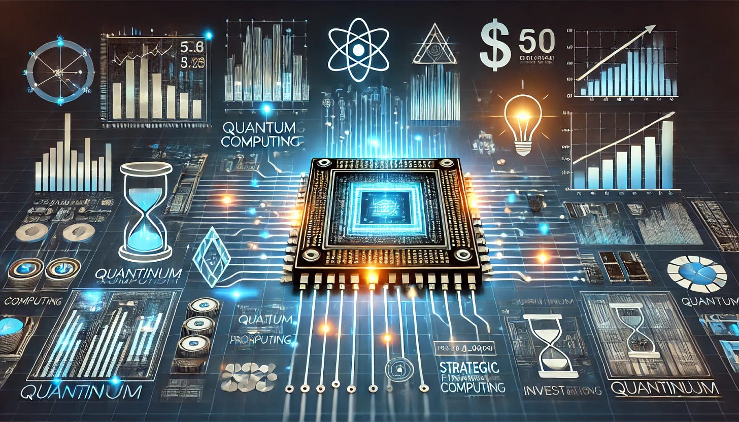 A futuristic financial and quantum computing-themed illustration. Show advanced quantum processors with glowing circuits, digital financial graphs, and investment symbols, representing Quantinuum’s strategic funding and growth. The scene should have a high-tech, sleek, and modern aesthetic with a focus on innovation and investment potential. Horizontal layout.