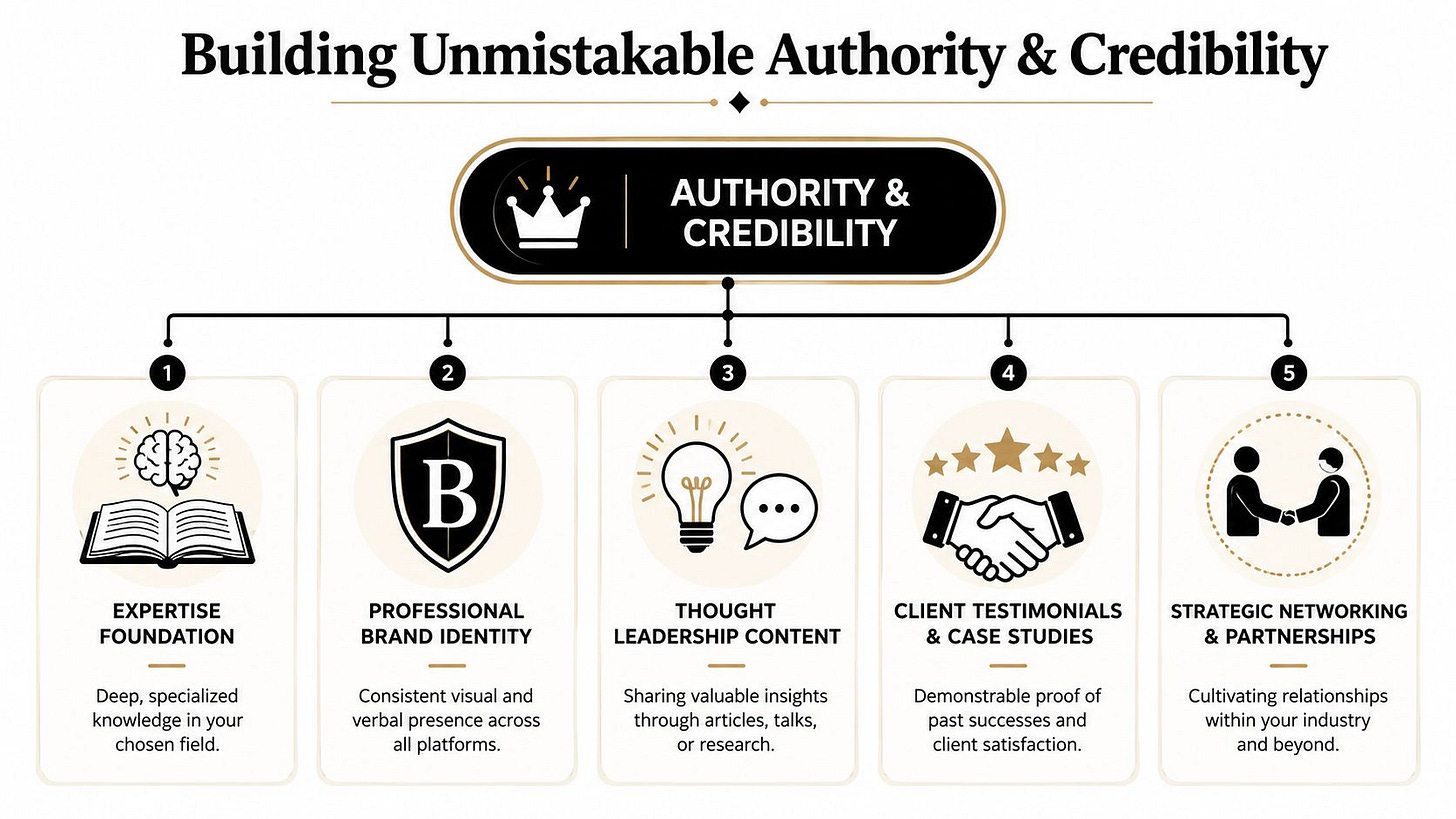 An infographic titled Building Unmistakable Authority and Credibility showing five key steps for business success.