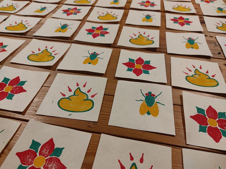 A few frames from the process of making wood block prints