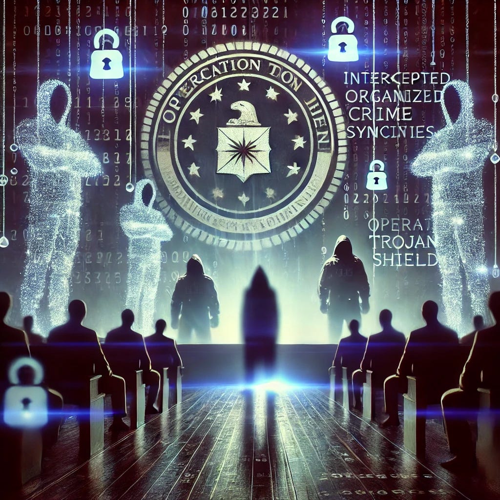 An artistic representation of intercepted encrypted messages glowing in the air, with shadowy figures representing organized crime syndicates in the background. The scene features law enforcement badges and the faint outline of a courtroom, symbolizing Operation Trojan Shield.