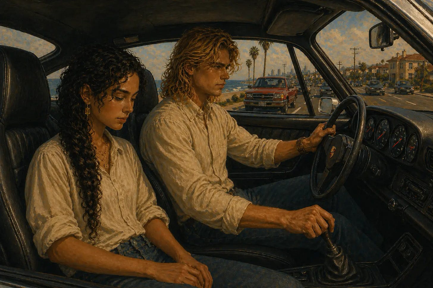 Young man stands beside a car with his hand extended toward a young woman who faces him with crossed arms and a guarded expression.