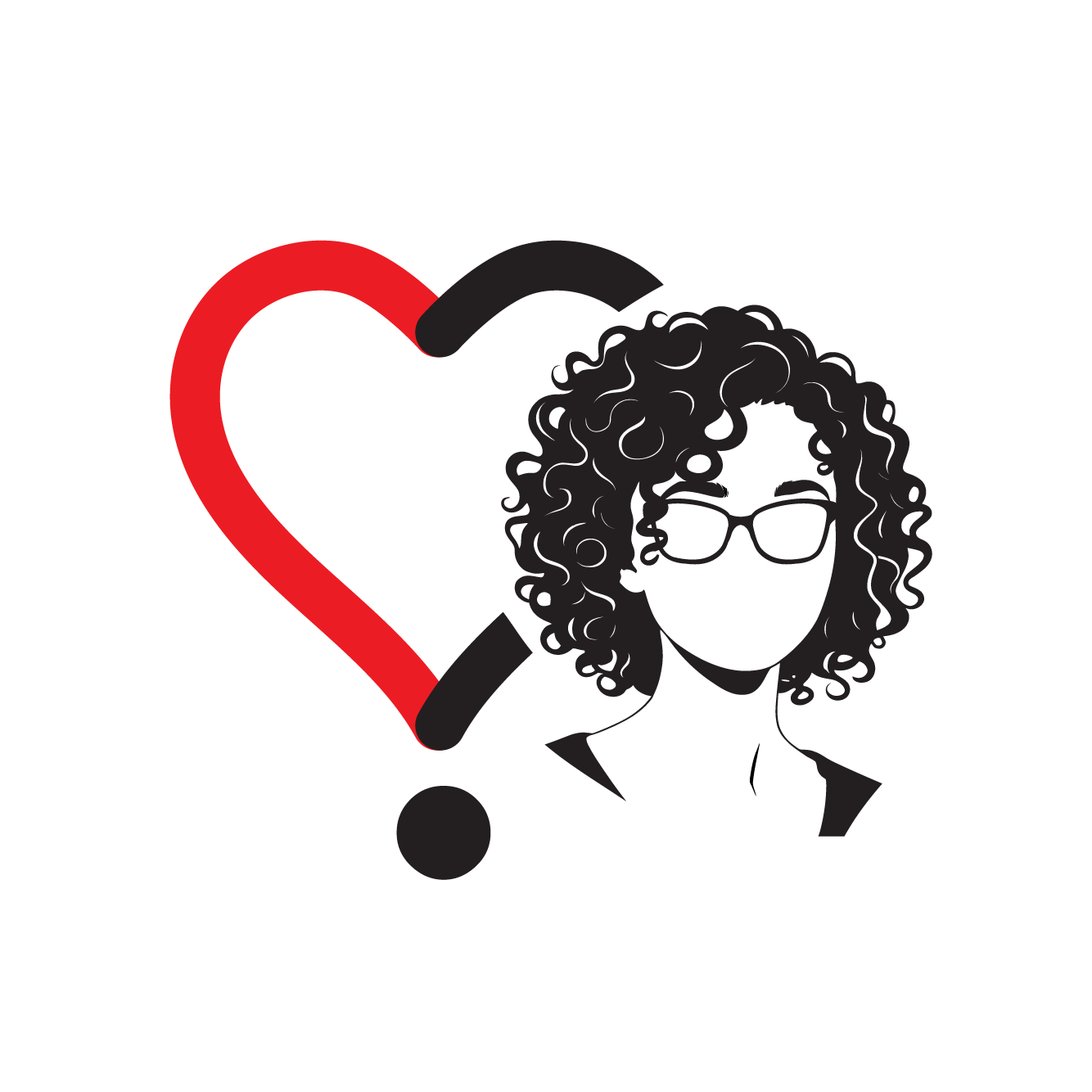 In back, a heart. It is half red and half black. There is a dot underneath, making the heart look like two conjoined question marks. In front is a caricature of this publication's author. She has curly hair and glasses. In back, a heart. It is half red and half black. There is a dot underneath, making the heart look like two conjoined question marks. In front is a caricature of this publication's author. She has curly hair and glasses.