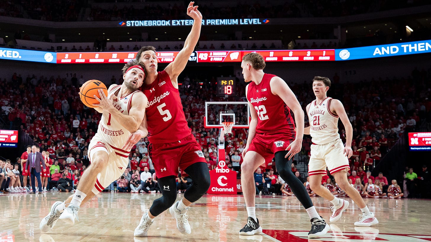 Nebraska player dribbling past Wisconsin guard Jack Janicki during a road loss to the Cornhuskers. Nebraska player dribbling past Wisconsin guard Jack Janicki during a road loss to the Cornhuskers.