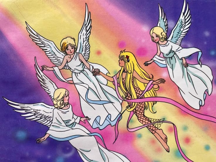 This may contain: an image of four angels flying in the sky with rainbows and stars behind them This may contain: an image of four angels flying in the sky with rainbows and stars behind them