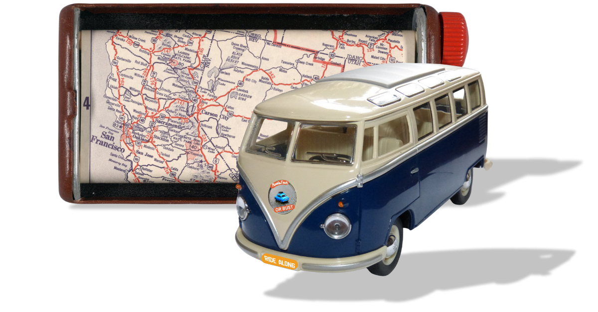 Composite showing a VW Bus (image from makamuki0 on Pixabay) in front of a 1939 US roadmap from the McCauley Map Case Company (image from the David Rumsay Map Collection).