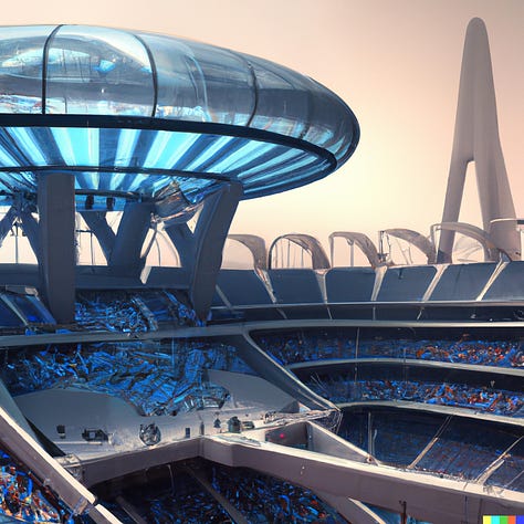 "Futuristic football (soccer) stadium, crowded, various styles"