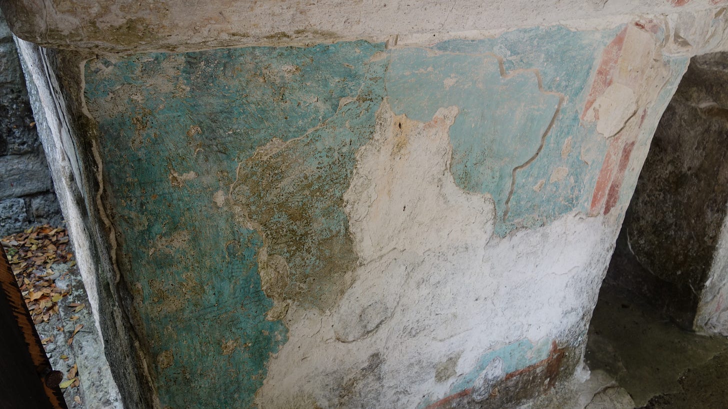Maya blue paint and stucco on the wall of the Jaguar Temple in Xel-Ha