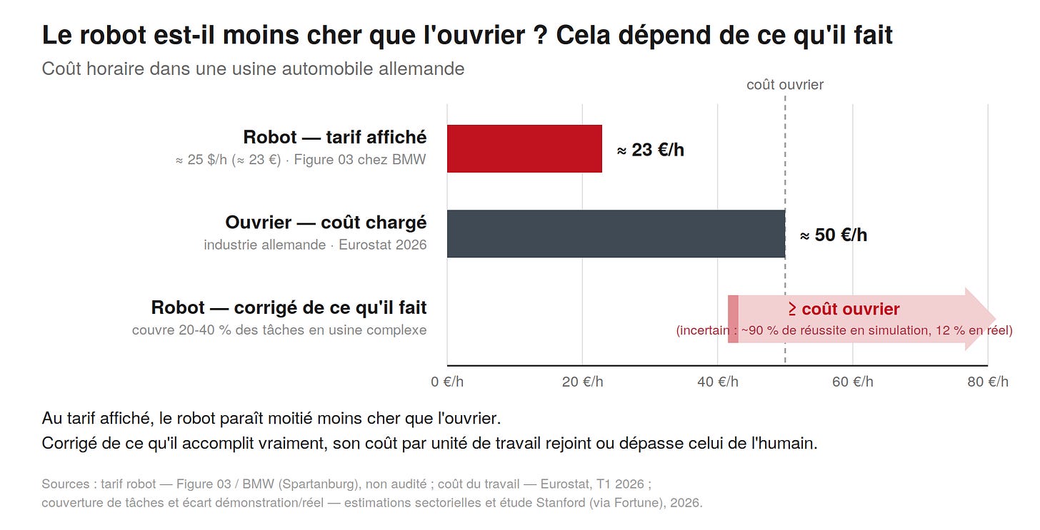 Graphique à barres horizontales comparant le coût horaire dans une usine automobile allemande. Le robot au tarif affiché revient à environ 23 euros de l'heure, soit 25 dollars par heure-robot pour un Figure 03 déployé chez BMW. L'ouvrier chargé coûte environ 50 euros de l'heure selon Eurostat 2026. Une troisième barre, présentée comme un scénario incertain, indique que corrigé de ce que le robot accomplit vraiment, son coût par unité de travail rejoint ou dépasse celui de l'ouvrier : l'humanoïde ne couvre que 20 à 40 % des tâches en usine complexe, et réussit environ 90 % des tâches en simulation contre 12 % en conditions réelles. Graphique à barres horizontales comparant le coût horaire dans une usine automobile allemande. Le robot au tarif affiché revient à environ 23 euros de l'heure, soit 25 dollars par heure-robot pour un Figure 03 déployé chez BMW. L'ouvrier chargé coûte environ 50 euros de l'heure selon Eurostat 2026. Une troisième barre, présentée comme un scénario incertain, indique que corrigé de ce que le robot accomplit vraiment, son coût par unité de travail rejoint ou dépasse celui de l'ouvrier : l'humanoïde ne couvre que 20 à 40 % des tâches en usine complexe, et réussit environ 90 % des tâches en simulation contre 12 % en conditions réelles.