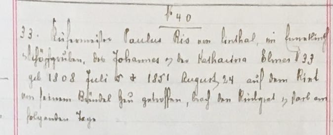 Clip from the Johann Jakob Kubly-Müller register referencing the accident that took Paulus Ris’ life in 1851. Photo courtesy of Patrick Wild.