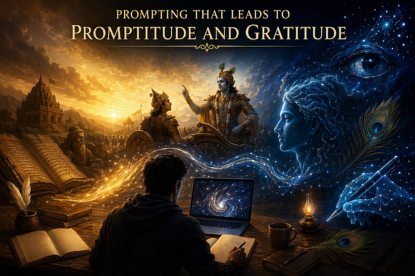 Illustration of Krishna guiding Arjuna beside a writer at a desk with a laptop, facing a glowing celestial figure with a peacock feather and cosmic eye Illustration of Krishna guiding Arjuna beside a writer at a desk with a laptop, facing a glowing celestial figure with a peacock feather and cosmic eye