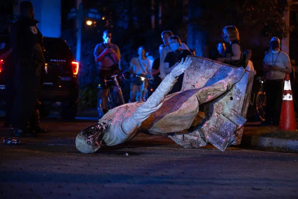 A statue of Jefferson Davis, president of the Confederate States of America during the Civil War, was toppled by protesters in Richmond, Va., last week.