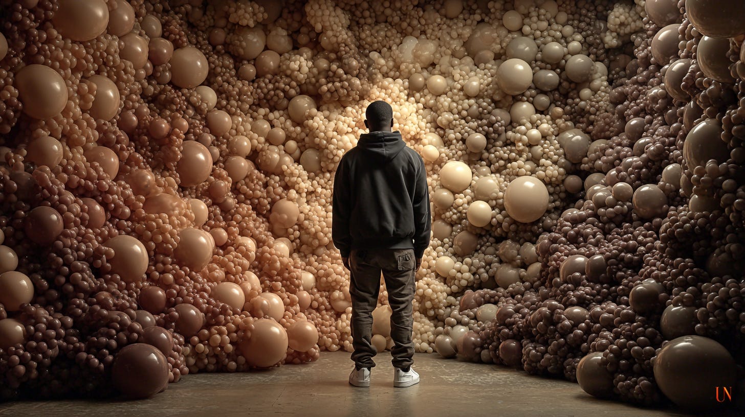 A Black man stands with his back to the viewer, facing two massive, sculptural walls made entirely of balloons in varied brown skin-tone shades. The balloons are densely packed, forming an immersive canyon of color that echoes the aesthetics of “pop the balloon to find love” dating videos but transforms them into a landscape of sorting and hierarchy. His posture is still, caught between the two swollen terrains as if standing inside a quiet machinery of preference.