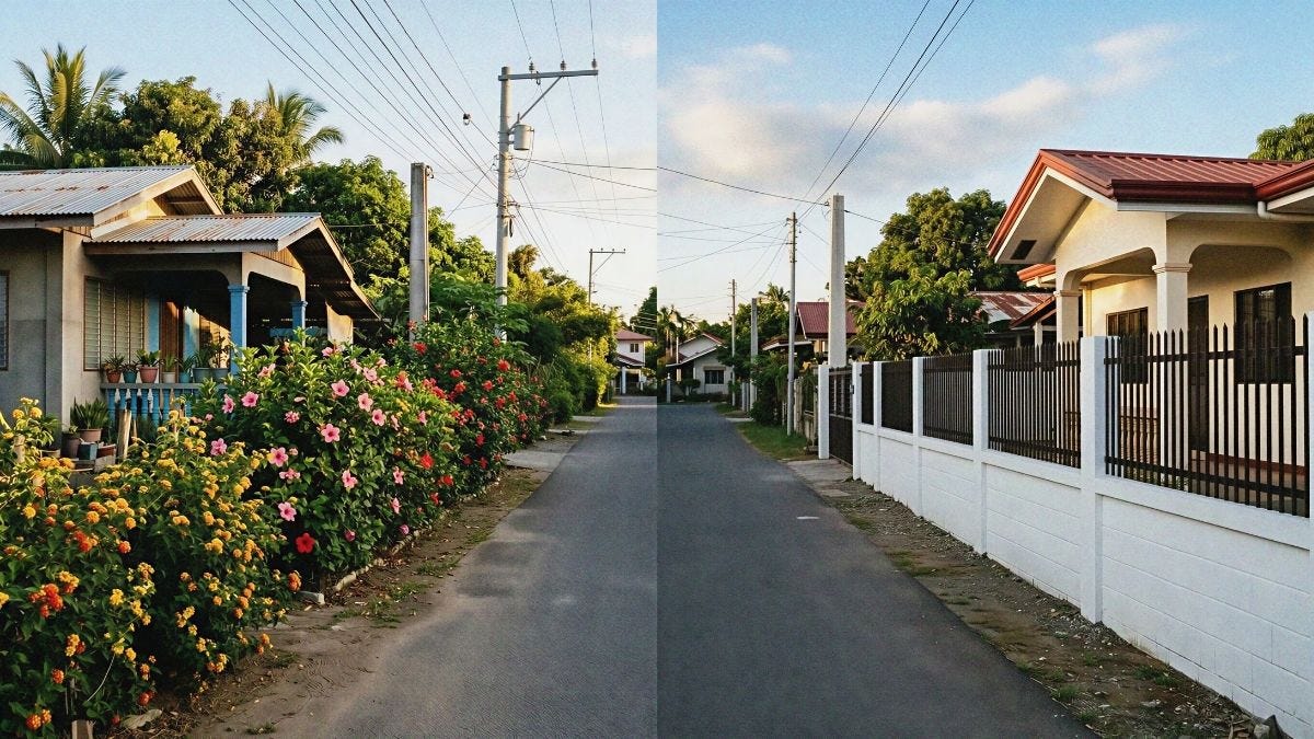 Two types of residential fences along a Filipino neighborhood street — a lush living fence with gumamela and Lantana camara on the left, and a standard CHB fence with steel grille on the right.