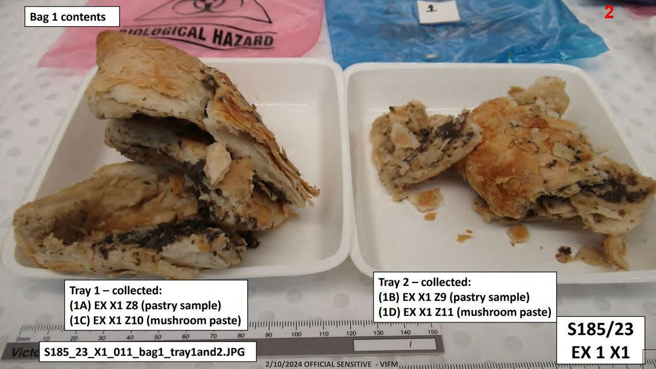 An annotated photo of plates containing samples of a beef Wellington meal laced with toxic mushrooms. (Supreme Court of Victoria/AFP/Getty Images)