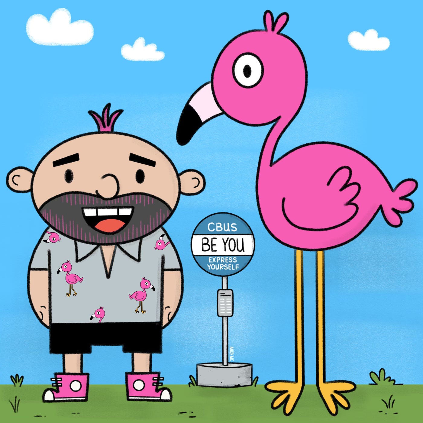 A cartoon illustration of a person wearing a flaming shirt standing next to a giant flamingo at a bus stop.