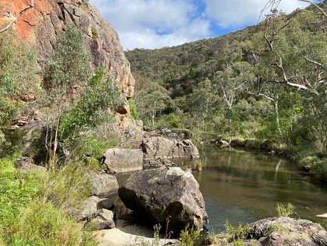 Image 1: Birds eye view of the Artist's Way in Laura's lap. Image 2: A view from the Onkaparinga Climbing area. Image 3: A birds eye view of Percy while Laura is doing yoga.