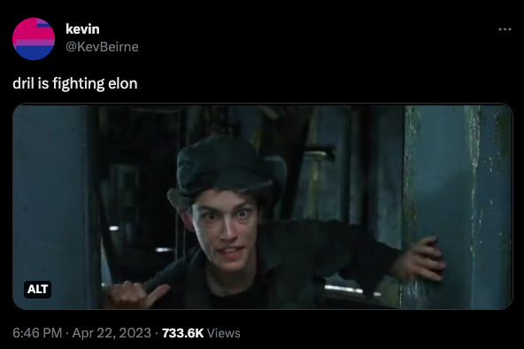 tweet from KevBeirne: Dril is fighting elon"  The image of mouse, from The Matrix, in a scene where neo is fighting morpheus
