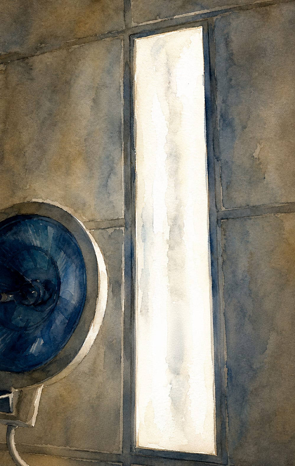 Watercolor painting of a glowing rectangular hospital ceiling light viewed from a patient's bed.