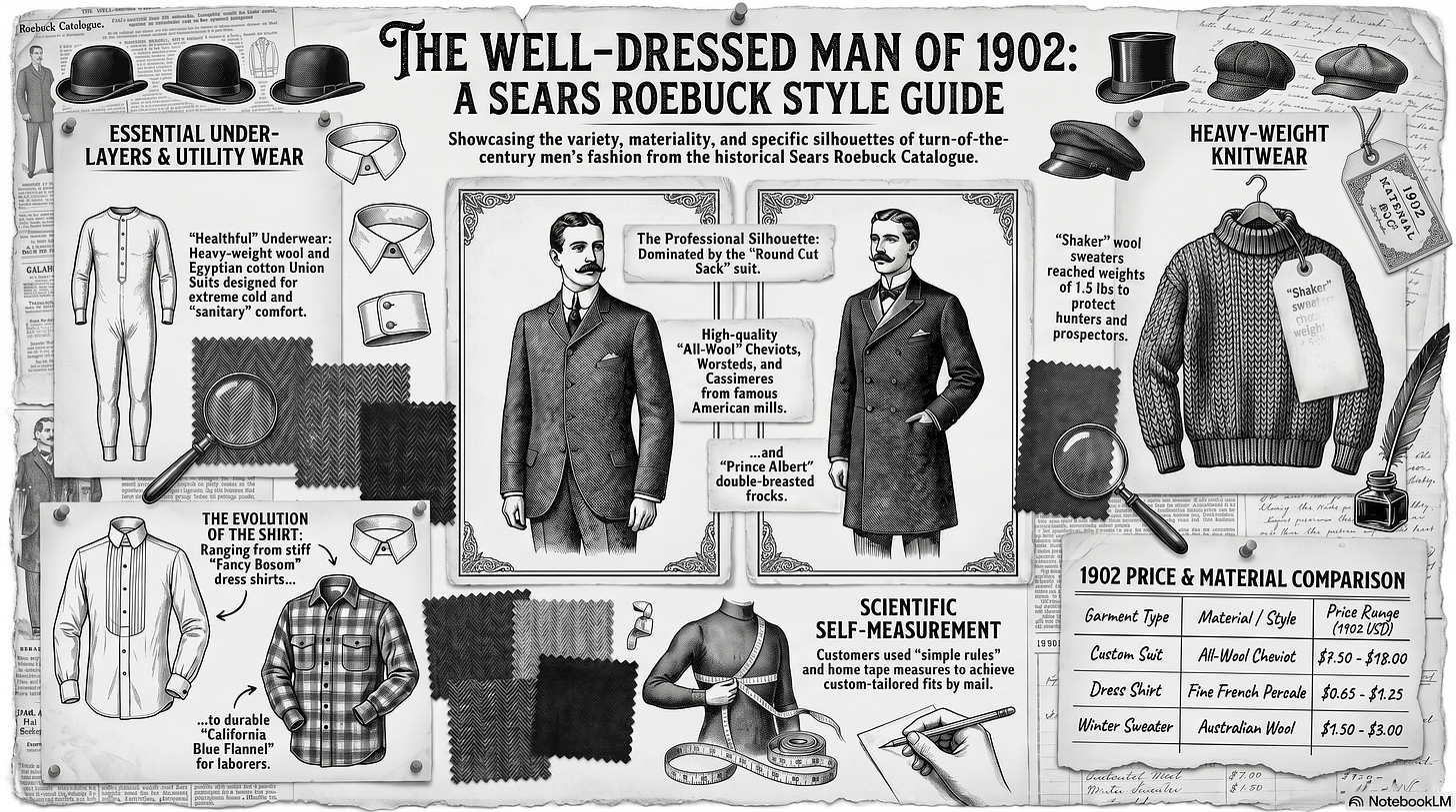 Infographic summarizing men's 1902 Sears Roebuck fashions, fabrics, knitwear, shirts, tailoring, and historical prices.
