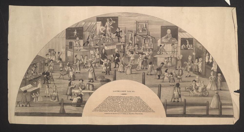 Semicircular illustration from three centuries ago, of various figues at a fairground