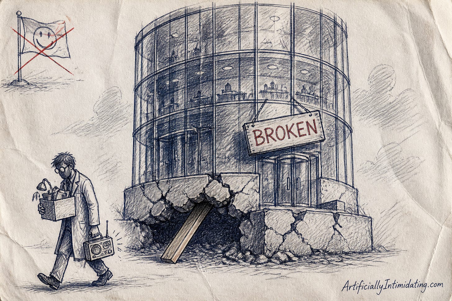 A glass startup tower with a cracked, buckling foundation propped by a single plank and a BROKEN sign, while an engineer carrying a cardboard box and a small radio walks away. A cheerful flag is crossed out.