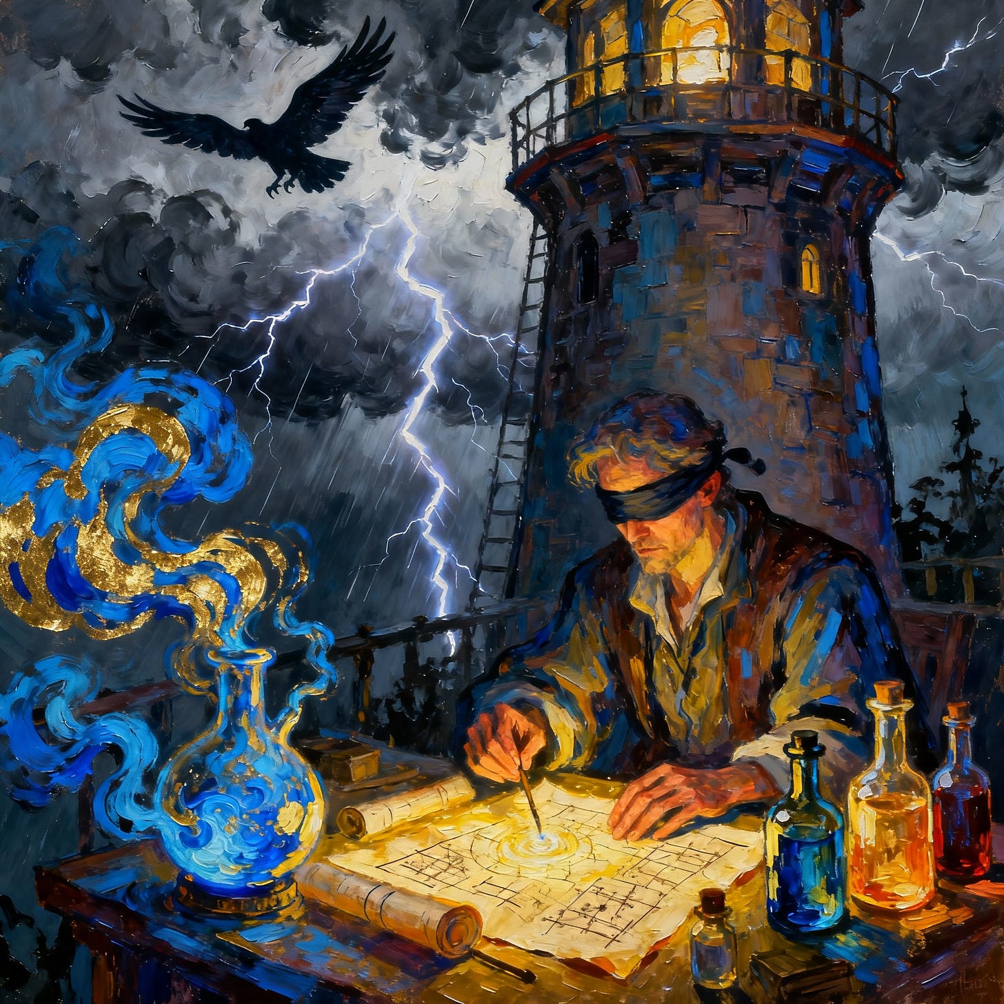 Expressionist painting of a blind alchemist in a storm-lit tower with swirling blue and gold vapors.