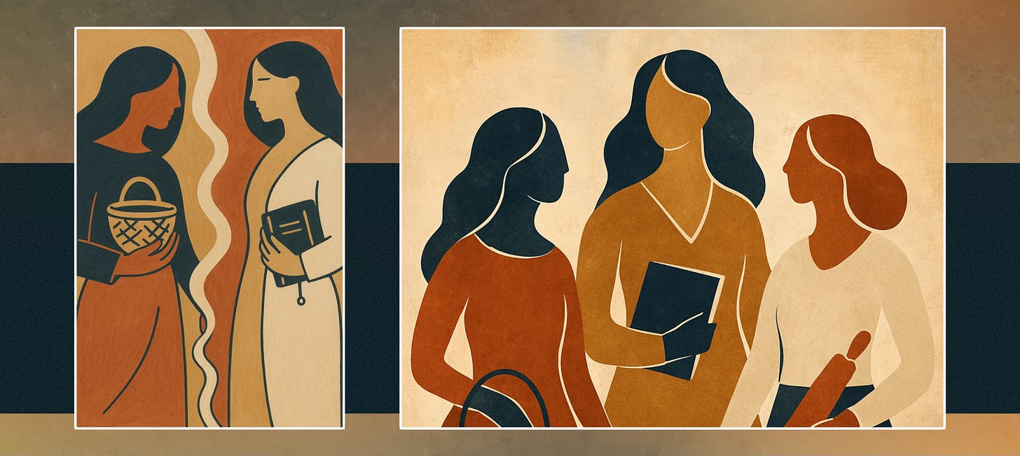 Illustration titled Respectrum, showing a group of women representing a range of vocations and roles, portrayed in warm, abstract tones.