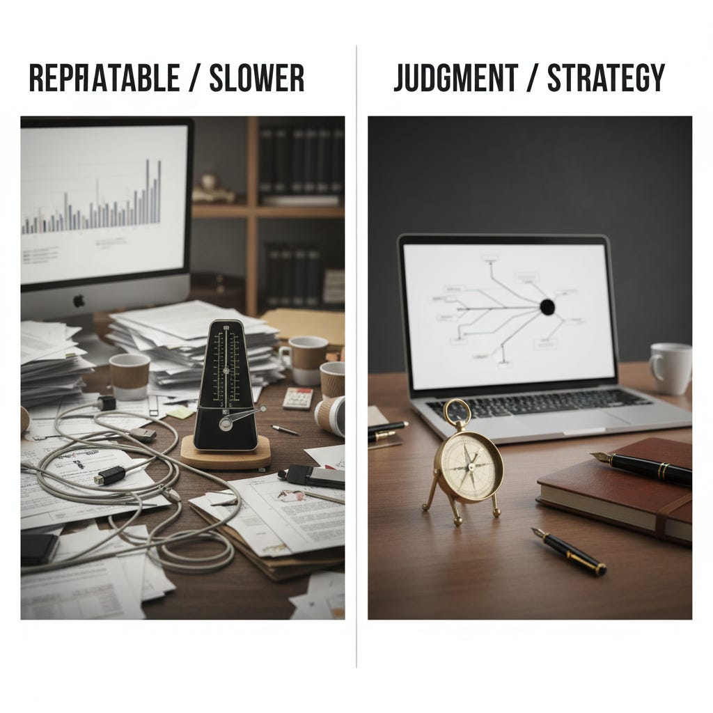 Side-by-side comparison of repetitive work versus strategic judgment, illustrating what AI automates versus what mid-career professionals retain Side-by-side comparison of repetitive work versus strategic judgment, illustrating what AI automates versus what mid-career professionals retain