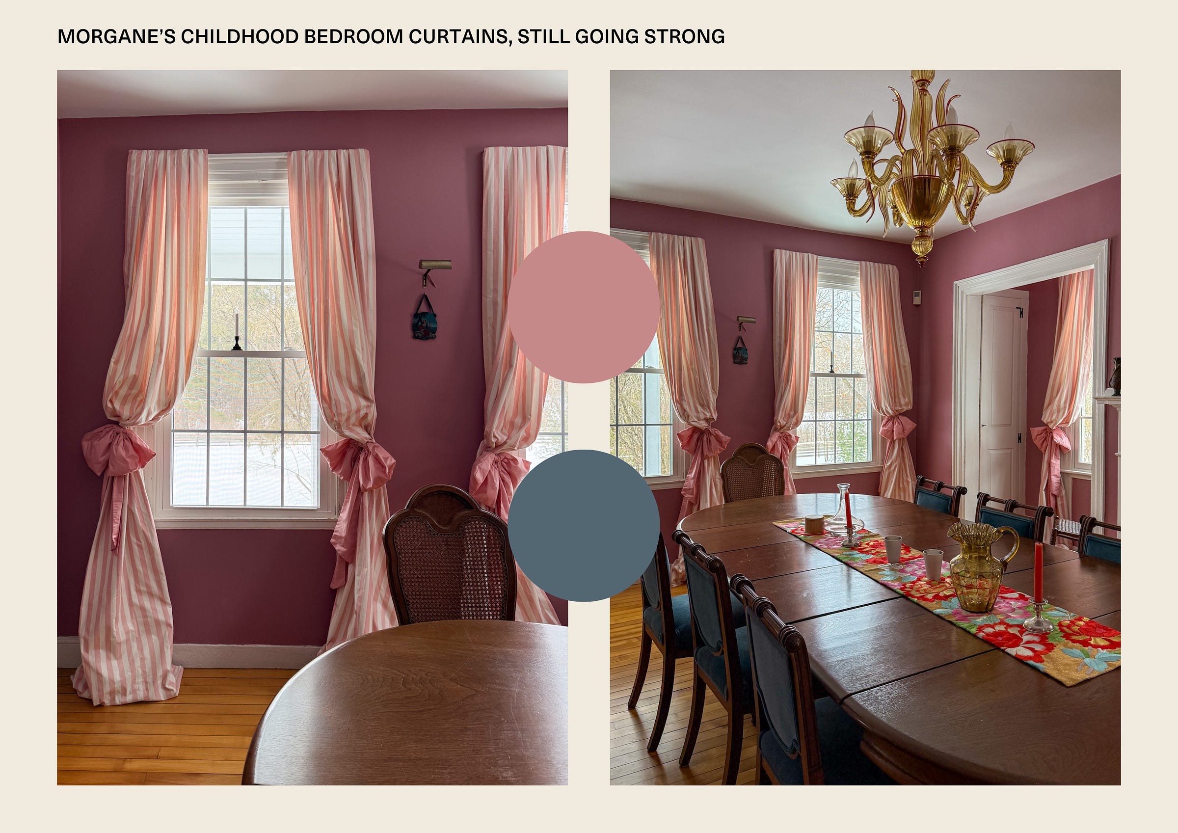 Dining room pink walls and pink striped curtains