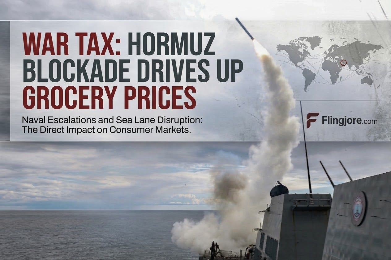 A professional graphic with a news article title. The background is a photograph of a naval destroyer on a grey sea under a cloudy sky, seen from behind and to the right, launching a single vertical missile with a large, bright cloud of white and orange smoke rising behind it. The top-left corner features a clean, grey metallic-textured rectangle containing the text "WAR TAX: HORMUZ BLOCKADE DRIVES UP GROCERY PRICES" in large, mixed grey and dark red sans-serif font. Below this title, smaller grey text reads: "Naval Escalations and Sea Lane Disruption: The Direct Impact on Consumer Markets." In the top-right corner, on a light grey-textured area, there is a simple line-art world map with a red circle around the Middle East, and to the left of the map, a grey 'F' logo with "Flingjore.com" written next to it in sans-serif text. A professional graphic with a news article title. The background is a photograph of a naval destroyer on a grey sea under a cloudy sky, seen from behind and to the right, launching a single vertical missile with a large, bright cloud of white and orange smoke rising behind it. The top-left corner features a clean, grey metallic-textured rectangle containing the text "WAR TAX: HORMUZ BLOCKADE DRIVES UP GROCERY PRICES" in large, mixed grey and dark red sans-serif font. Below this title, smaller grey text reads: "Naval Escalations and Sea Lane Disruption: The Direct Impact on Consumer Markets." In the top-right corner, on a light grey-textured area, there is a simple line-art world map with a red circle around the Middle East, and to the left of the map, a grey 'F' logo with "Flingjore.com" written next to it in sans-serif text.