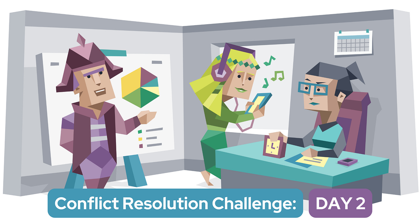 Three colleagues are in an office talking. A woman sits at a desk looking frustrated with the time. A man stands presenting a pie chart while a second woman listens to music. Text reads: Conflict Resolution Challenge: Day 2