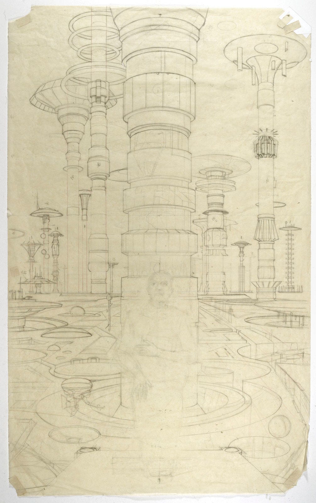 Detailed pencil sketch for HARI featuring intricate towers with saucer-shaped tops. The architectural lines are precisely rendered while the figure of Hari Selden is sketched in lighter. Detailed pencil sketch for HARI featuring intricate towers with saucer-shaped tops. The architectural lines are precisely rendered while the figure of Hari Selden is sketched in lighter.