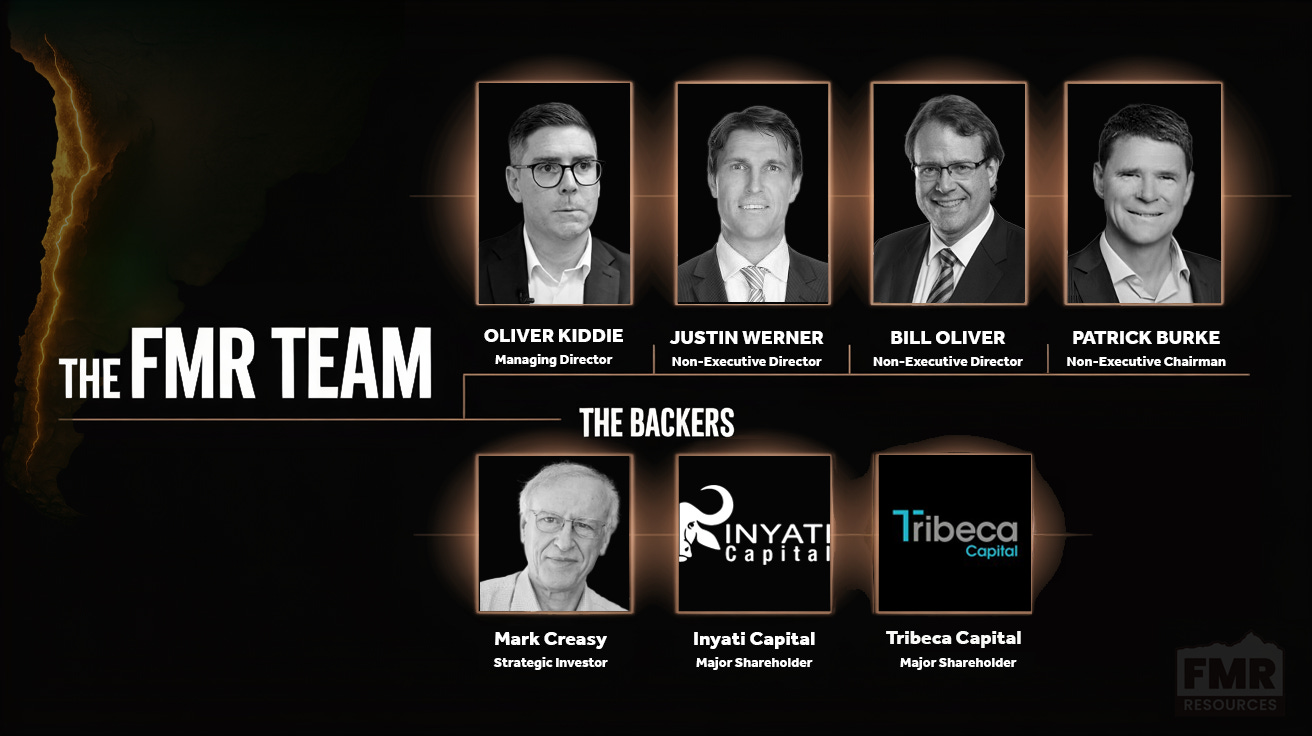 FMR Resources team slide showing board members Oliver Kiddie, Justin Werner, Bill Oliver, Patrick Burke, and backers Mark Creasy and Inyati Capital. FMR Resources team slide showing board members Oliver Kiddie, Justin Werner, Bill Oliver, Patrick Burke, and backers Mark Creasy and Inyati Capital.