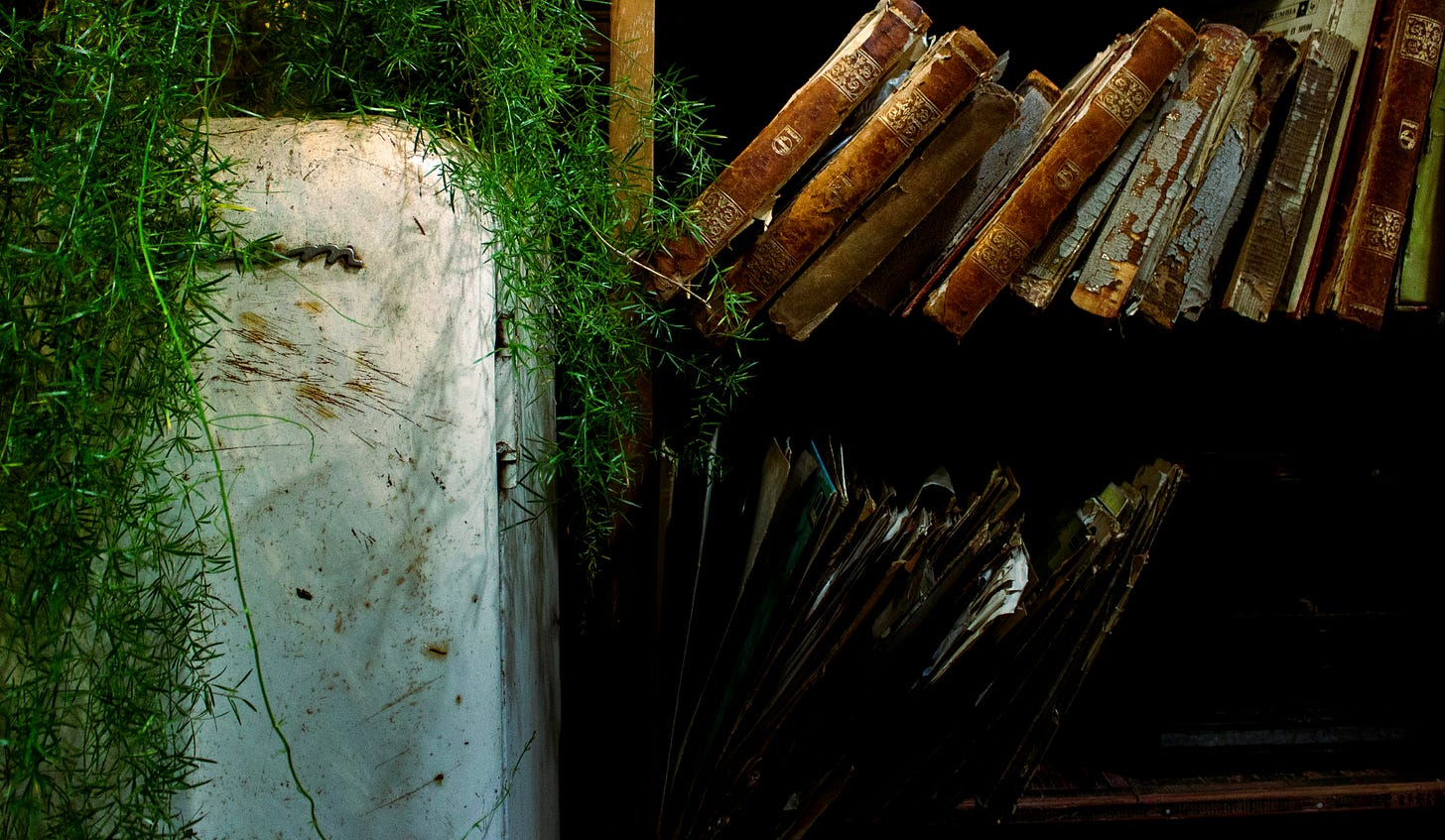 A dark, abandoned bookshelf filled with weathered and damaged books. Green vines spill over an old white cabinet beside the shelves, while folders and papers sag with age below. The scene is overgrown and neglected, suggesting a forgotten library or study slowly being reclaimed by nature.