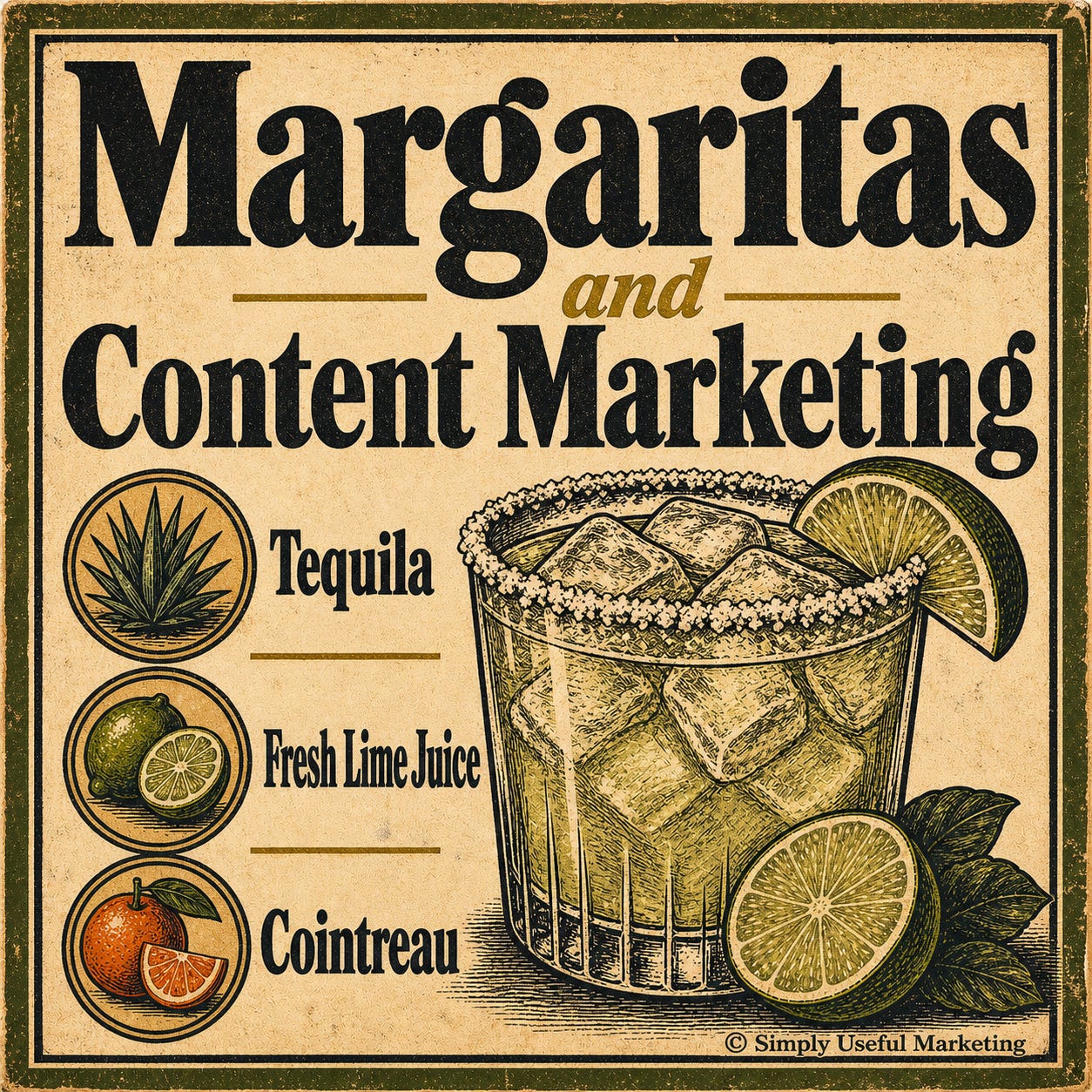 Vintage Guinness-style poster reading “Margaritas and Content Marketing,” with a large illustrated margarita glass, salted rim, lime garnish, and three ingredient icons labeled tequila, fresh lime juice, and Cointreau.