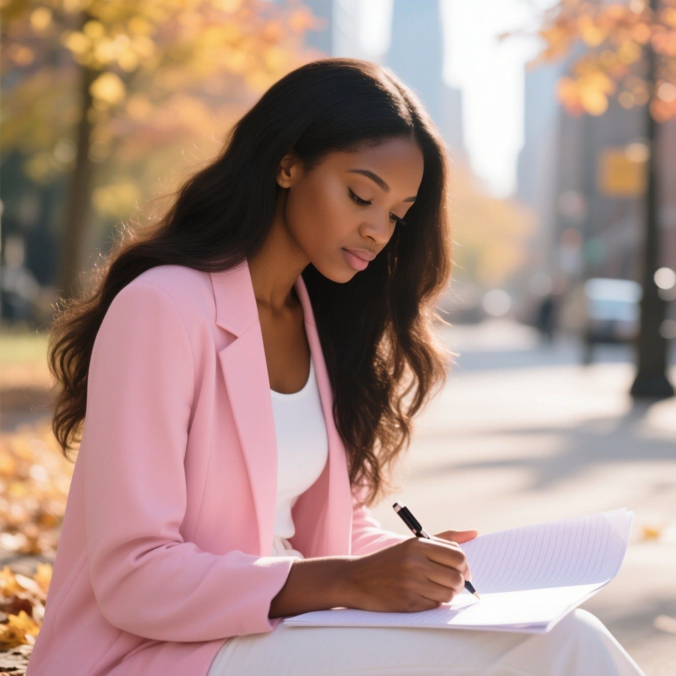 Black woman with long hair in pink and white urban attire urban, in a seated under warm morning sun, her hand poised over lined paper as she looks down while she is writing, background outside delicate fall details, soft bokeh in the background, 8k sharpness Black woman with long hair in pink and white urban attire urban, in a seated under warm morning sun, her hand poised over lined paper as she looks down while she is writing, background outside delicate fall details, soft bokeh in the background, 8k sharpness