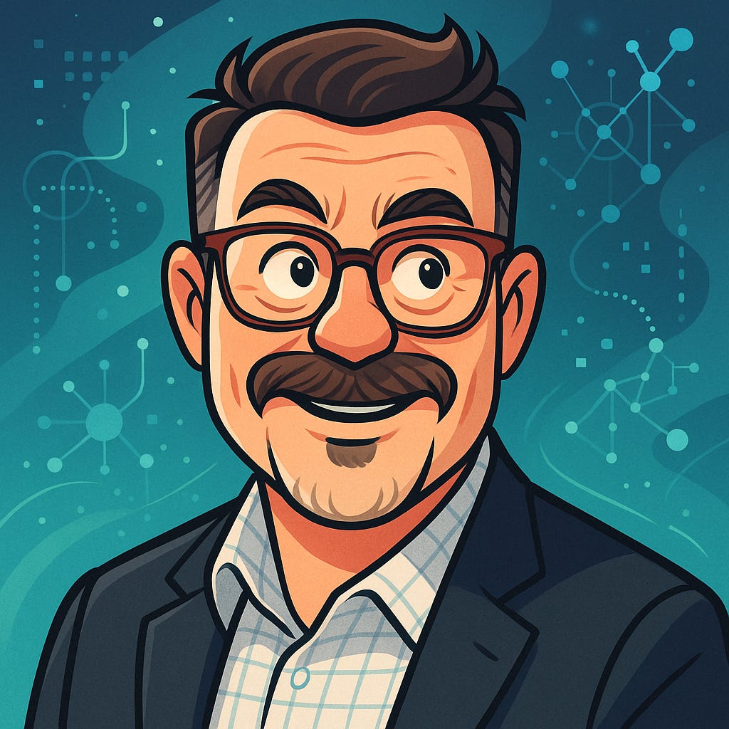 A stylized cartoon portrait of a middle-aged man with short brown hair, a trimmed mustache, and rectangular red-brown glasses. He is smiling and wearing a collared checkered shirt and a dark blazer. The background features teal and blue gradients with abstract neural network patterns, glowing dots, and connecting lines, evoking themes of technology, AI, and creativity. A stylized cartoon portrait of a middle-aged man with short brown hair, a trimmed mustache, and rectangular red-brown glasses. He is smiling and wearing a collared checkered shirt and a dark blazer. The background features teal and blue gradients with abstract neural network patterns, glowing dots, and connecting lines, evoking themes of technology, AI, and creativity.