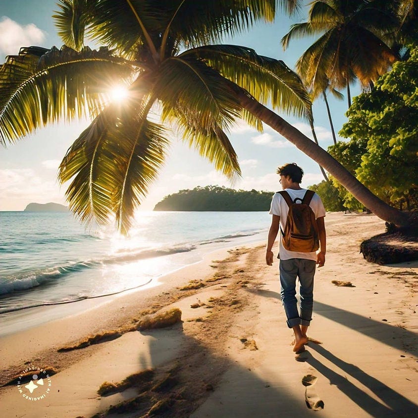 Young man with a backpack is walking along a tropical island beach