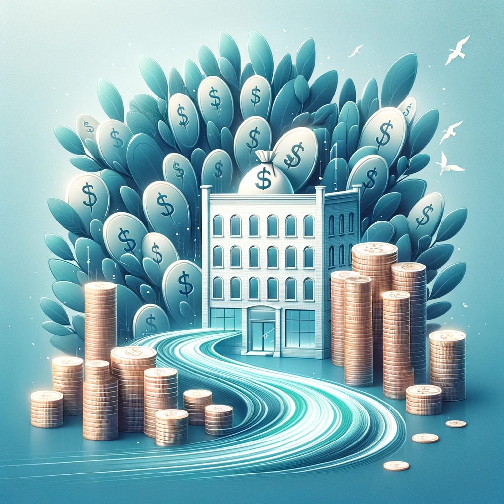 Create a visually appealing and soothing image that symbolizes funding for startups, with a flowing stream of coins or notes leading into a building representing a company. The building should embody the growth and development of a startup through financial investment. Use soft, calming colors and a minimalist design to convey the concept of startup funding in an aesthetic and easy-on-the-eyes manner, replacing the traditional imagery of a tree with a modern startup building.