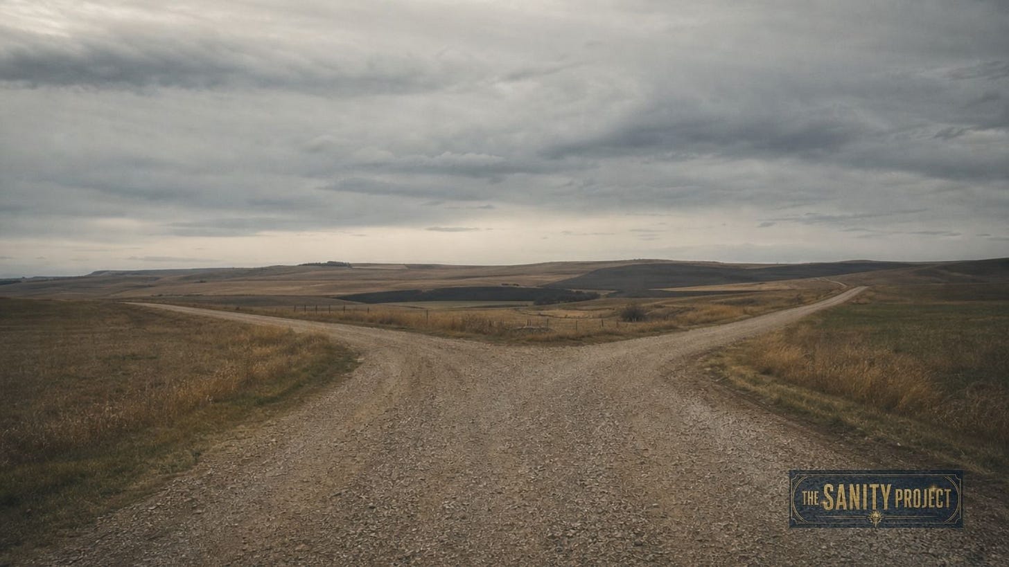 A gravel road forking in two directions across the Alberta prairie, symbolizing the uncertain path of Alberta separation A gravel road forking in two directions across the Alberta prairie, symbolizing the uncertain path of Alberta separation