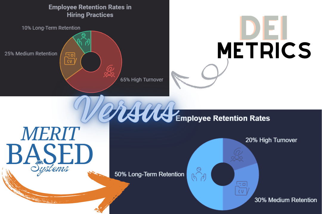 A clean, infographic-style visual showing tokenism statistics: two contrasting pie charts. One chart highlights turnover rates in workplaces using demographic hiring; the other shows retention rates in merit-based systems. Minimalist style with professional blue and gray tones A clean, infographic-style visual showing tokenism statistics: two contrasting pie charts. One chart highlights turnover rates in workplaces using demographic hiring; the other shows retention rates in merit-based systems. Minimalist style with professional blue and gray tones