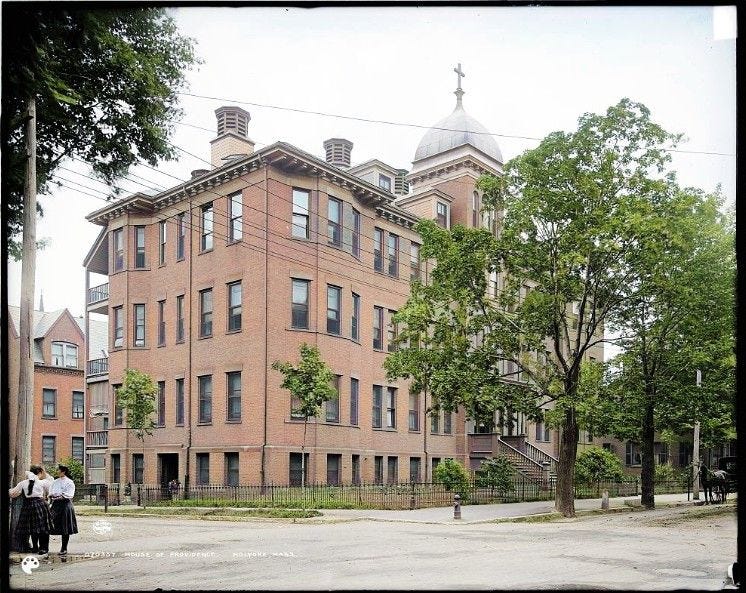 Large brick building which was the House of Providence hospital. Michael Kane and his wife, Mary Phillips, went back and forth between Ireland and Holyoke. It caused confusion in the records as to where their children were born -- Ireland or Holyoke.